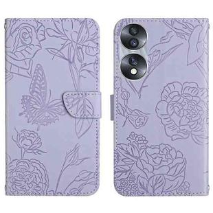 For Honor 70 HT03 Skin Feel Butterfly Embossed Flip Leather Phone Case(Purple)