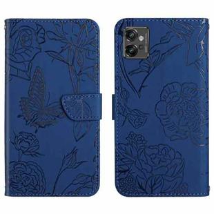 For Motorola Moto G32 HT03 Skin Feel Butterfly Embossed Flip Leather Phone Case(Blue)