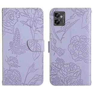 For Motorola Moto G32 HT03 Skin Feel Butterfly Embossed Flip Leather Phone Case(Purple)