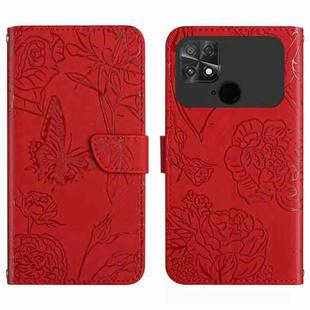 For Xiaomi Poco C40 HT03 Skin Feel Butterfly Embossed Flip Leather Phone Case(Red)