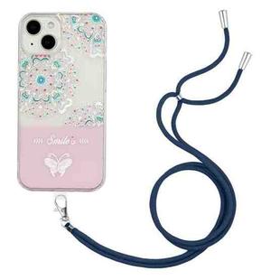 For iPhone 14 Bronzing Butterfly Flower TPU Phone Case with Lanyard (Peacock Flower)