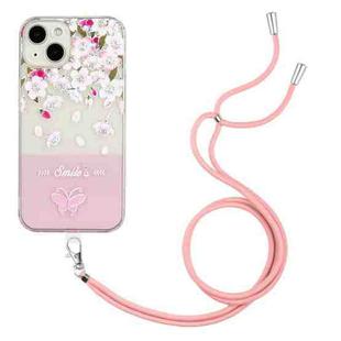 For iPhone 14 Plus Bronzing Butterfly Flower TPU Phone Case with Lanyard (Peach Blossoms)