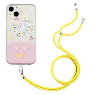 For iPhone 14 Plus Bronzing Butterfly Flower TPU Phone Case with Lanyard (Butterfly)