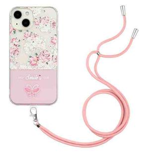 For iPhone 14 Plus Bronzing Butterfly Flower TPU Phone Case with Lanyard (Peony)