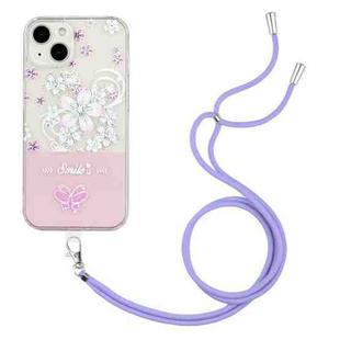 For iPhone 14 Plus Bronzing Butterfly Flower TPU Phone Case with Lanyard (Cherry Blossoms)
