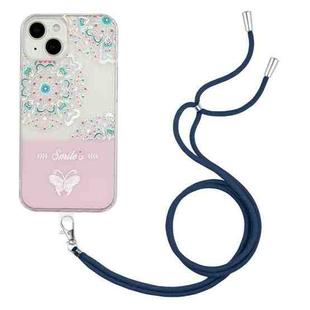 For iPhone 14 Plus Bronzing Butterfly Flower TPU Phone Case with Lanyard (Peacock Flower)