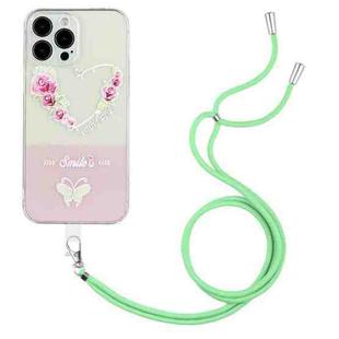 For iPhone 14 Pro Bronzing Butterfly Flower TPU Phone Case with Lanyard(Rose Heart)