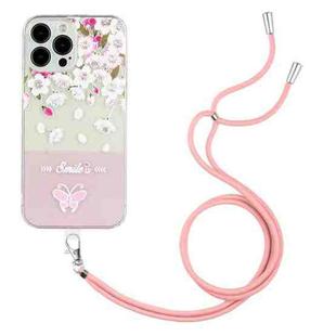 For iPhone 14 Pro Max Bronzing Butterfly Flower TPU Phone Case with Lanyard (Peach Blossoms)