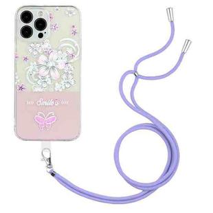 For iPhone 14 Pro Max Bronzing Butterfly Flower TPU Phone Case with Lanyard (Cherry Blossoms)