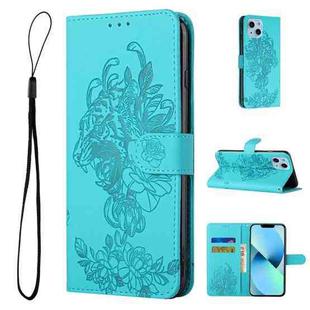 For iPhone 14 Tiger Flower Embossing Leather Phone Case (Baby Blue)