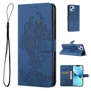 For iPhone 14 Tiger Flower Embossing Leather Phone Case (Royal Blue)