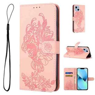 For iPhone 14 Plus Tiger Flower Embossing Leather Phone Case (Pink)