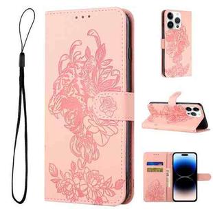 For iPhone 14 Pro Tiger Flower Embossing Leather Phone Case(Pink)