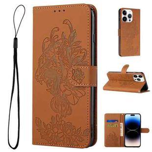 For iPhone 14 Pro Tiger Flower Embossing Leather Phone Case(Brown)