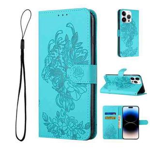 For iPhone 14 Pro Max Tiger Flower Embossing Leather Phone Case (Baby Blue)