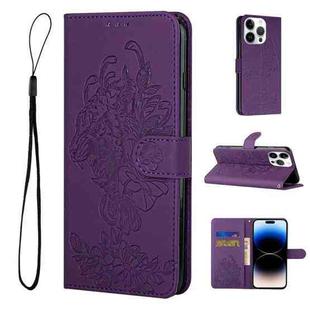 For iPhone 14 Pro Max Tiger Flower Embossing Leather Phone Case (Purple)