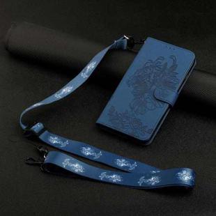 For iPhone 14 Tiger Flower Embossing Lanyard Leather Phone Case (Royal Blue)