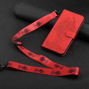 For iPhone 14 Tiger Flower Embossing Lanyard Leather Phone Case (Red)