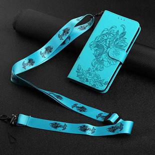 For iPhone 14 Pro Max Tiger Flower Embossing Lanyard Leather Phone Case (Baby Blue)