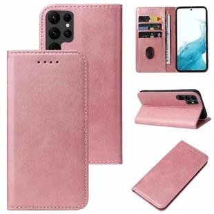 For Samsung Galaxy S22 Ultra 5G Calf Texture Magnetic Flip Leather Phone Case(Rose Gold)