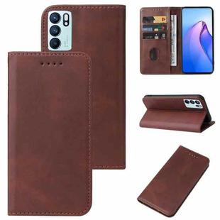 For OPPO Reno6 4G Calf Texture Magnetic Flip Leather Phone Case(Brown)