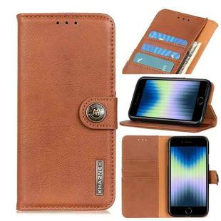 For iPhone SE 2022 / SE 2020 KHAZNEH Cowhide Texture PU + TPU Left and Right Open Leather Case with Bracket & Line Card and Wallet(Brown)