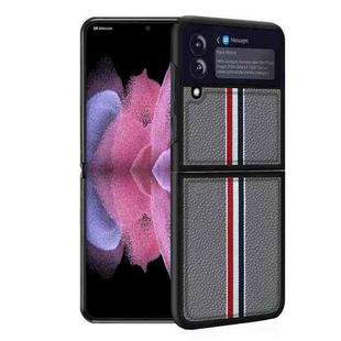 For Samsung Galaxy Z Flip4 Litchi Texture Genuine Leather Color Strip Phone Case(Grey)