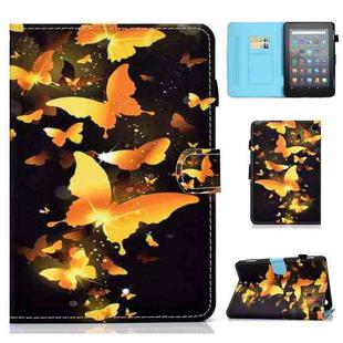For Amazon Kindle Fire 7 2022 Colored Drawing Stitching Leather Tablet Case, with Holder & Card Slots(Golden Butterfly)