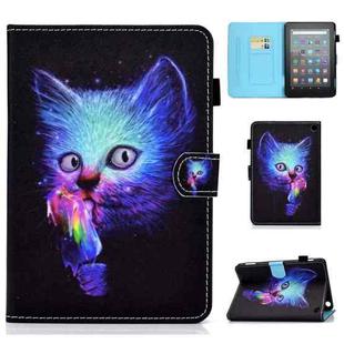 For Amazon Kindle Fire 7 2022 Colored Drawing Stitching Leather Tablet Case, with Holder & Card Slots(Super Cat)