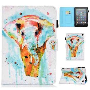 For Amazon Kindle Fire 7 2022 Colored Drawing Stitching Leather Tablet Case, with Holder & Card Slots(Watercolor Elephant)