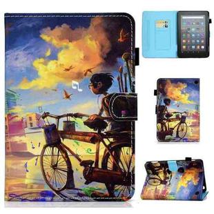 For Amazon Kindle Fire 7 2022 Colored Drawing Stitching Leather Tablet Case, with Holder & Card Slots(Bike Boy)