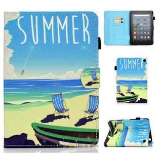 For Amazon Kindle Fire 7 2022 Colored Drawing Stitching Leather Tablet Case, with Holder & Card Slots(Beach)