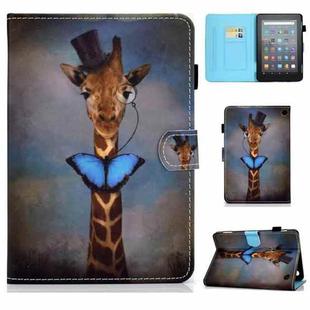 For Amazon Kindle Fire 7 2022 Colored Drawing Stitching Leather Tablet Case, with Holder & Card Slots(Deer)