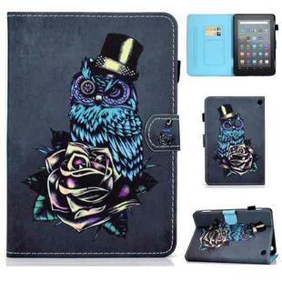 For Amazon Kindle Fire 7 2022 Colored Drawing Stitching Leather Tablet Case, with Holder & Card Slots(Owl)