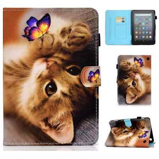 For Amazon Kindle Fire 7 2022 Colored Drawing Stitching Leather Tablet Case, with Holder & Card Slots(Butterfly Cat)