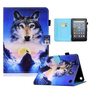 For Amazon Kindle Fire 7 2022 Colored Drawing Stitching Leather Tablet Case, with Holder & Card Slots(Wolf)