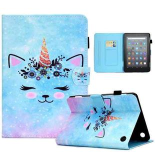 For Amazon Kindle Fire 7 2022 Colored Drawing Stitching Leather Tablet Case, with Holder & Card Slots(Wildebeest)