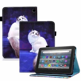 For Amazon Kindle Fire 7 2022 Colored Drawing Elastic Band Smart Leather Tablet Case(White Cat)
