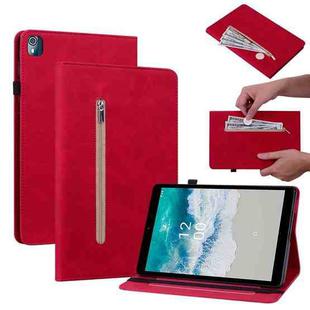 For Nokia T10 Skin Feel Solid Color Zipper Leather Tablet Case(Red)