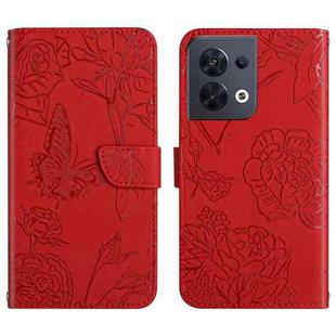 For OPPO Reno8 5G HT03 Skin Feel Butterfly Embossed Flip Leather Phone Case(Red)