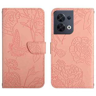 For OPPO Reno8 5G HT03 Skin Feel Butterfly Embossed Flip Leather Phone Case(Pink)