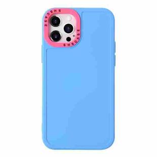 For iPhone 14 Pro Max Color Contrast Lens Frame TPU Phone Case (Sky Blue+Rose Red)