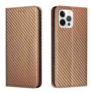 For iPhone 14 Pro Max Carbon Fiber Texture Magnetic Flip Leather Phone Case (Brown)