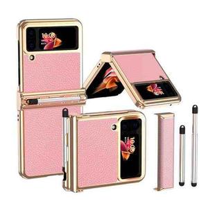 For Samsung Galaxy Z Flip3 5G Litchi Texture Leather Hinged Electroplated Phone Case with Pen(Gold Pink)
