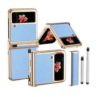 For Samsung Galaxy Z Flip3 5G Litchi Texture Leather Hinged Electroplated Phone Case with Pen(Gold Blue)