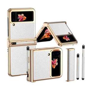 For Samsung Galaxy Z Flip4 Litchi Texture Leather Hinged Electroplated Phone Case with Pen(Gold White)