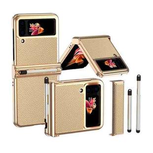 For Samsung Galaxy Z Flip4 Litchi Texture Leather Hinged Electroplated Phone Case with Pen(Gold)
