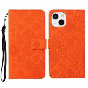 For iPhone 14 Ethnic Style Embossed Pattern Leather Phone Case (Orange)