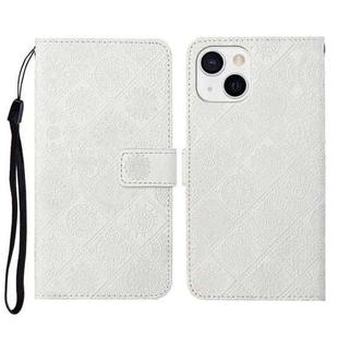 For iPhone 14 Ethnic Style Embossed Pattern Leather Phone Case (White)