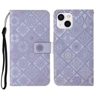 For iPhone 14 Ethnic Style Embossed Pattern Leather Phone Case (Purple)